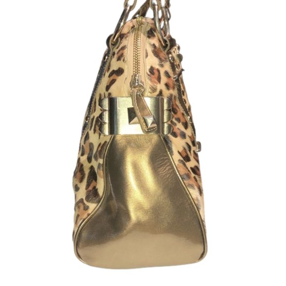 Betsey Johnson Vintage Leopard Print Fur and Metallic Gold Large Shoulder Bag - Picture 5 of 14
